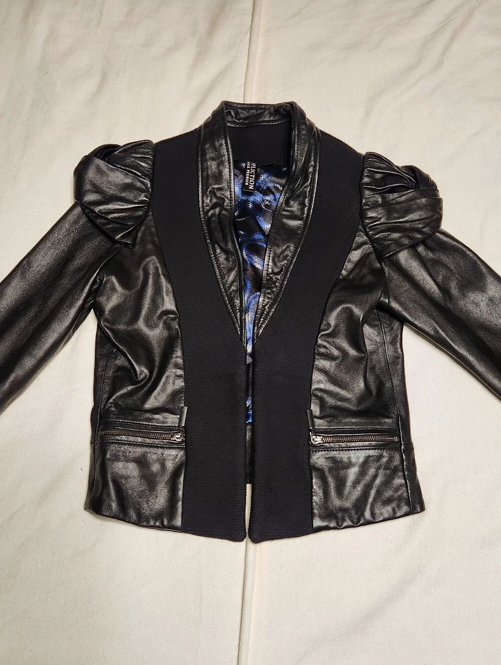 Afflication Leather Ribbed Knit Open Front Twist Puff Sleeve Moto Jacket Black M - Picture 6 of 10
